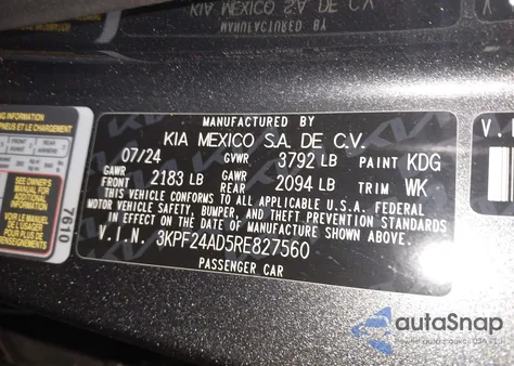 2024 Kia Forte Lxs from USA, damaged, VIN 3KPF24AD5RE827560